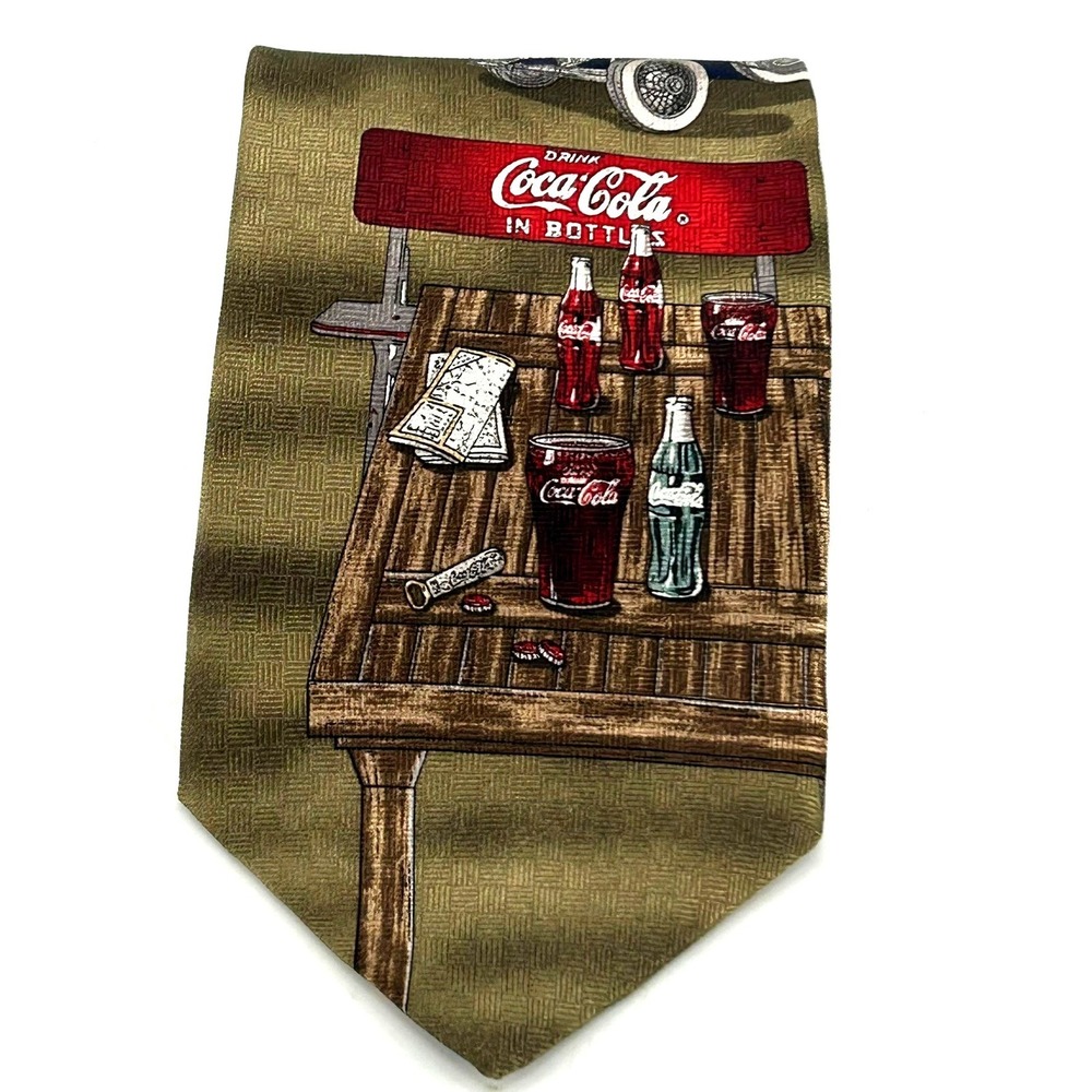 Vintage Coca Cola Silk Tie Mens Brown Red Soda Bottles Classic Car Advertising